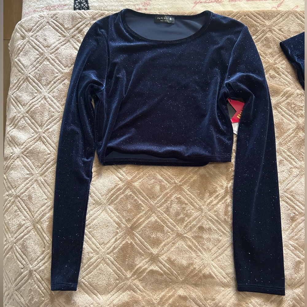 Sparkle & Fade Navy Blue Velvet Crop Top